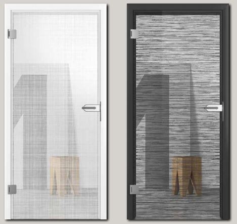 Two glass doors by Abernethy Joinery, Perth, are shown side by side: the left door features a white frame with light mesh, while the right showcases a dark frame and denser black mesh. A wooden stool sits behind each door.